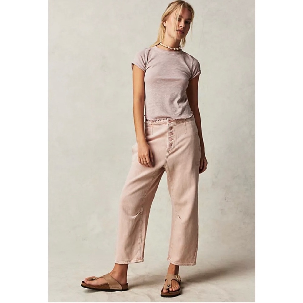 FREE PEOPLE Osaka Mid Rise Barrel Jean Womens 31 Latte Tan Cropped Twill NEW